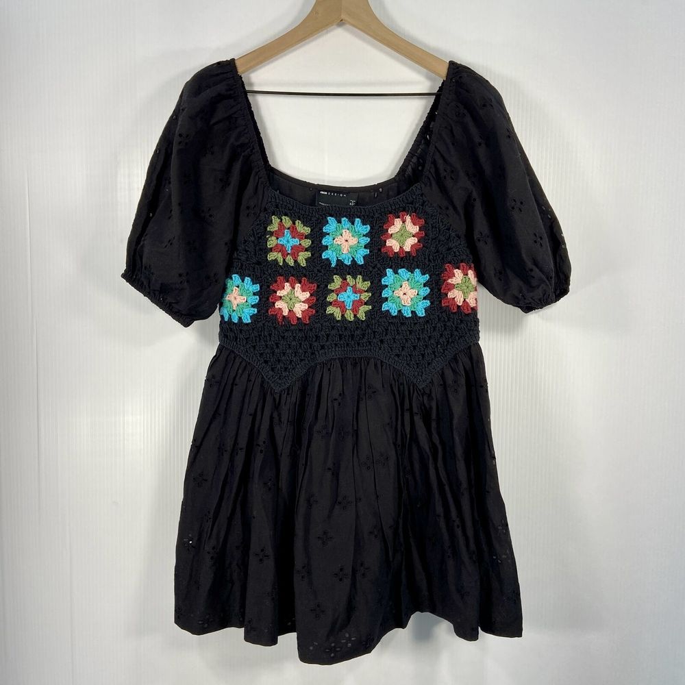 Asos Black Mini Dress Granny Square Crochet‎ Bodice Puff Sleeve Womens 0 NWT